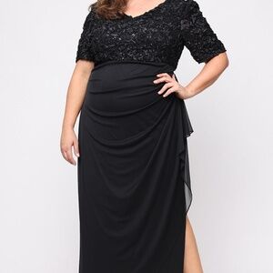 alexevenings.com Plus Long Empire Waist Dress with Soutache Bodice, Puff Sleeve